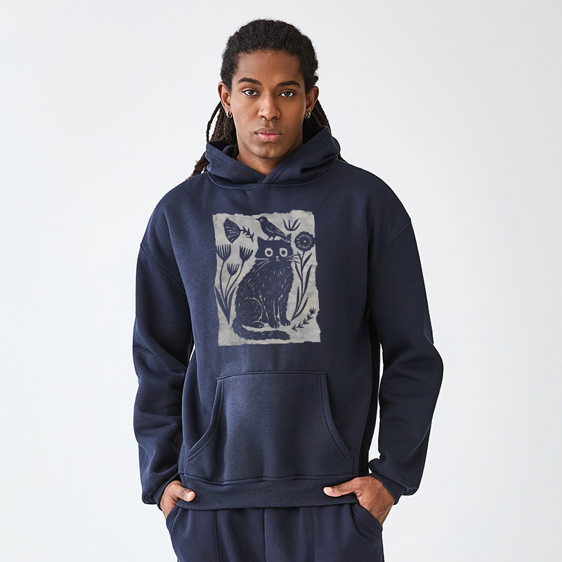 Tokyo-Tiger Folk Paper Cut Cat Bird Floral Art Adult Fleece Hoodie