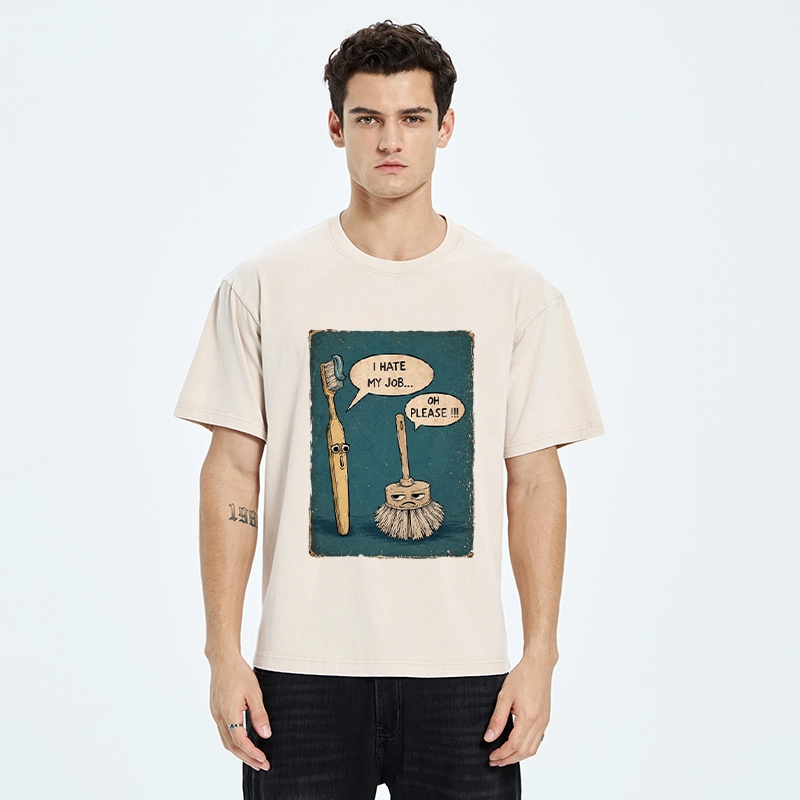 Tokyo-Tiger Relatable Work Stress Brush Print Washed T-Shirt