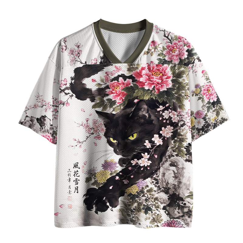 Tokyo-Tiger Ink Wash Black Cat Floral Mesh Jersey