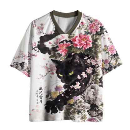 Tokyo-Tiger Ink Wash Black Cat Floral Mesh Jersey