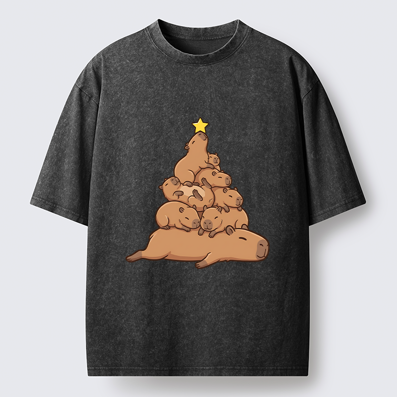 Tokyo-Tiger Funny Stacked Capybara Christmas Tree Washed T-Shirt