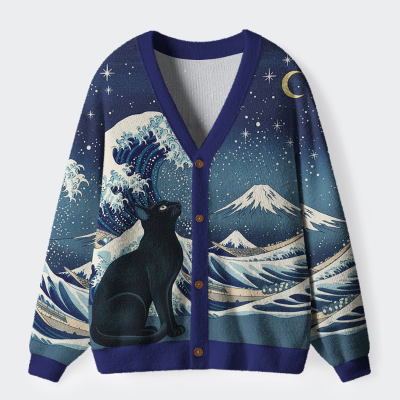 Tokyo-Tiger Cat Staring at the Starry Night Ugly Cardigan Sweater