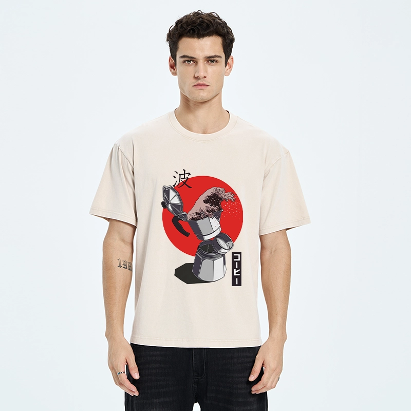 Tokyo-Tiger Coffee Wave Pours From Moka Pot Washed T-Shirt