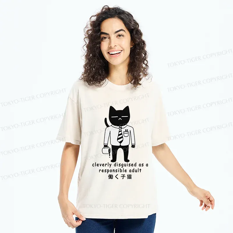 Tokyo-Tiger Cat At Work Washed T-Shirt