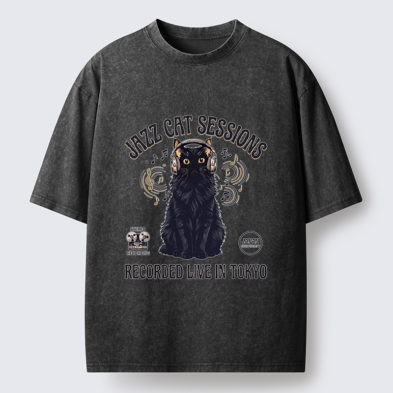 Tokyo-Tiger Jazz Cat Vibes Washed T-Shirt