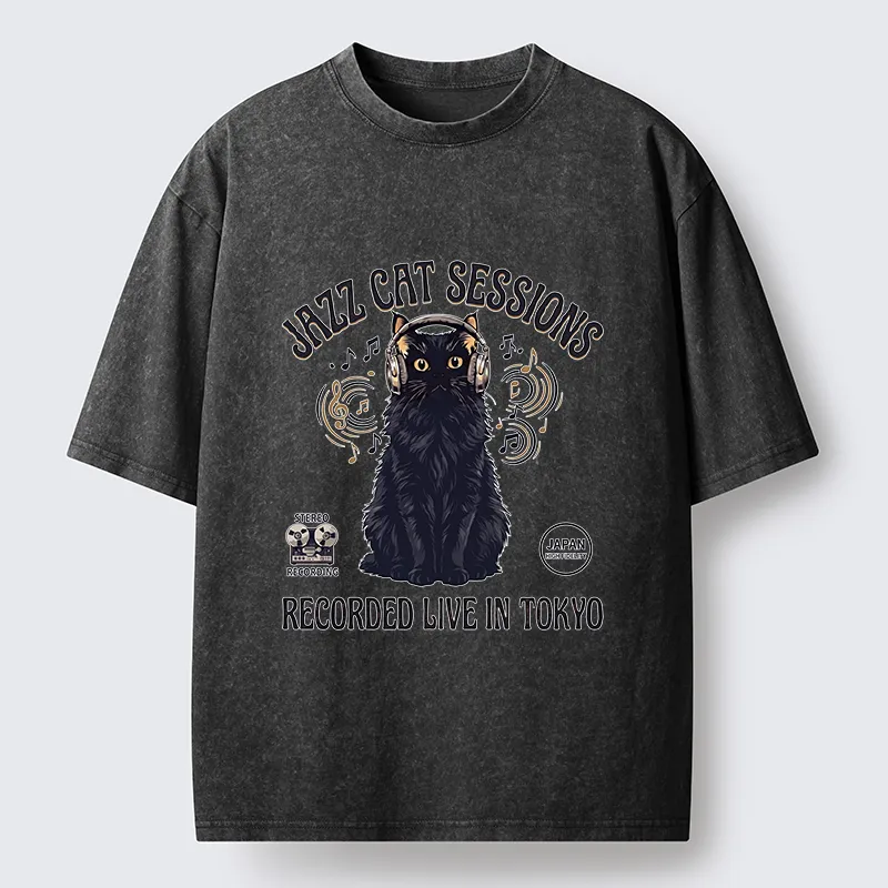 Tokyo-Tiger Jazz Cat Vibes Washed T-Shirt