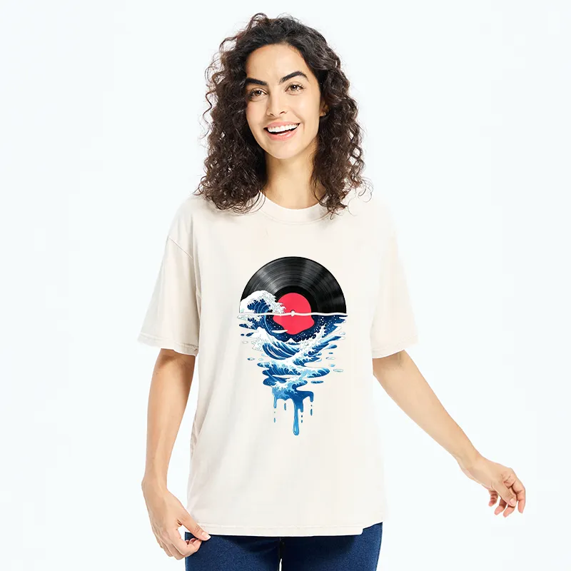 Tokyo‑Tiger Vinyl Records And Waves Washed T-Shirt