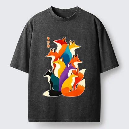 Tokyo‑Tiger Colorful Fox Crew Washed T‑Shirt