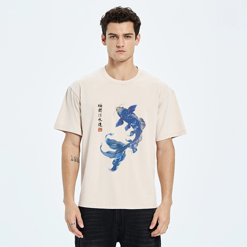Tokyo-Tiger Lucky Blue Koi Fish Art Washed T-Shirt
