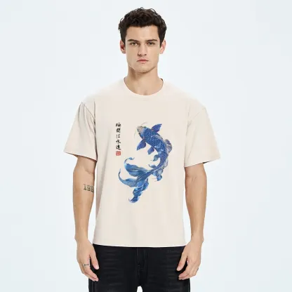 Tokyo-Tiger Lucky Blue Koi Fish Art Washed T-Shirt
