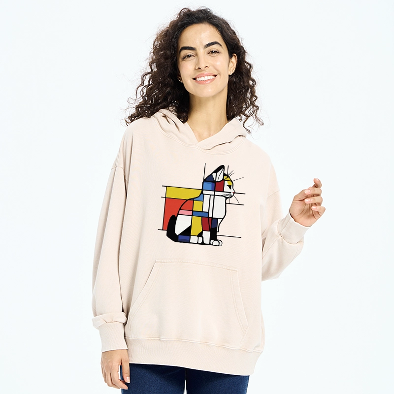 Tokyo-Tiger Geometric Cat Art In Primary Colors Washed Hoodie