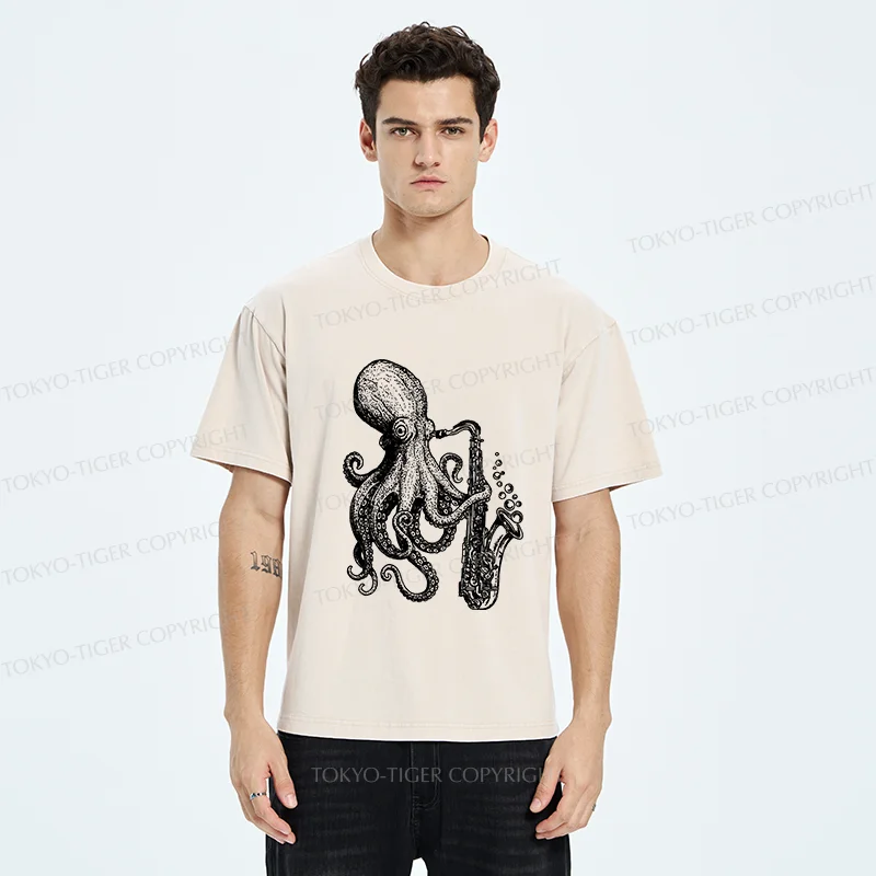 Tokyo-Tiger Octopus Playing Saxophone Washed T-Shirt