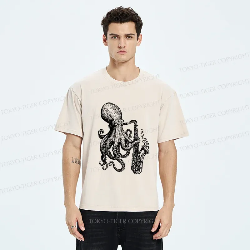 Tokyo-Tiger Octopus Playing Saxophone Washed T-Shirt