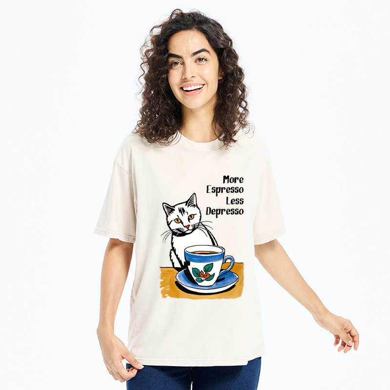 Tokyo-Tiger Cute Cat Drinking Coffee Washed T-Shirt