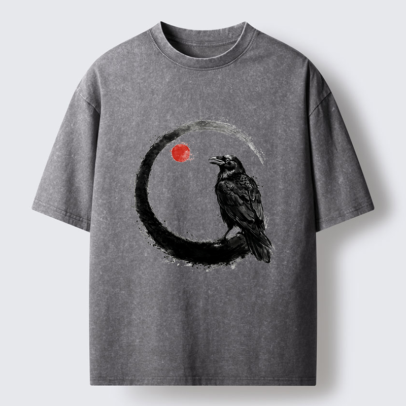Tokyo-Tiger Japanese Circle Crow Scene Washed T-Shirt
