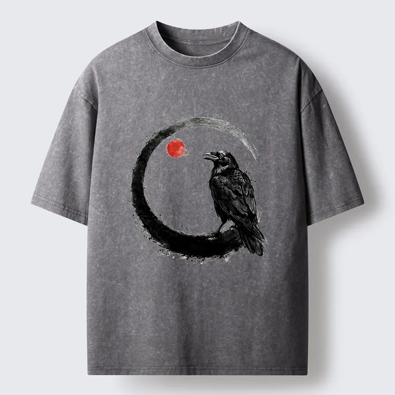 Tokyo-Tiger Japanese Circle Crow Scene Washed T-Shirt