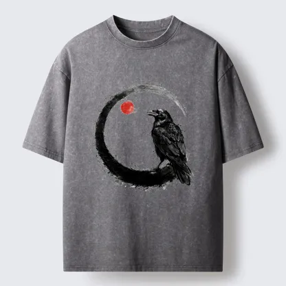 Tokyo-Tiger Japanese Circle Crow Scene Washed T-Shirt