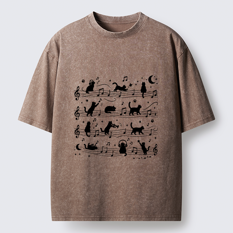 Tokyo-Tiger Music Staff Cats Funny Meme Washed T-Shirt