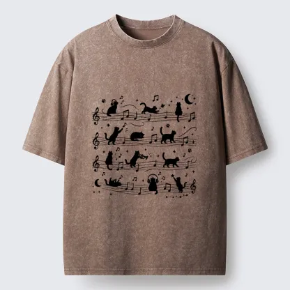 Tokyo-Tiger Music Staff Cats Funny Meme Washed T-Shirt