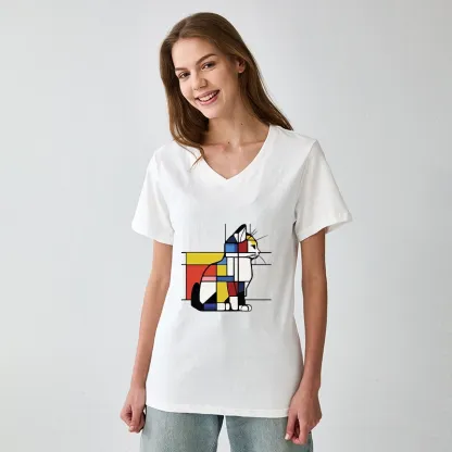 Tokyo-Tiger Geometric Cat Art In Primary Colors V-Neck Classic T-Shirt