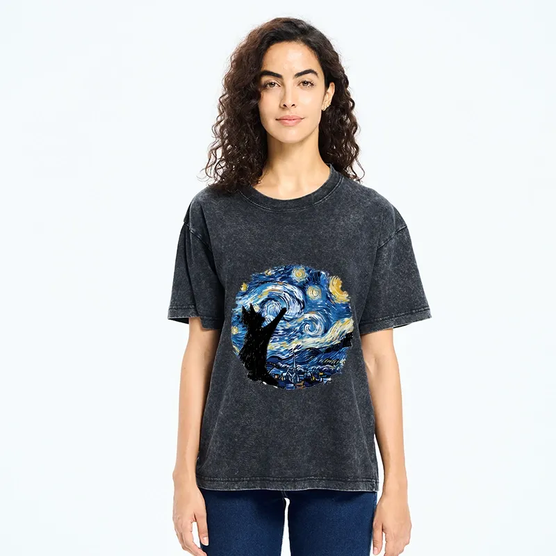 Tokyo-Tiger Starry Night Black Cat Washed T-Shirt