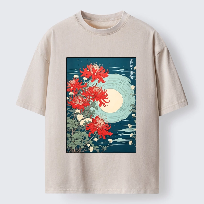 Tokyo‑Tiger Moon Red Spider Lily Washed T‑Shirt
