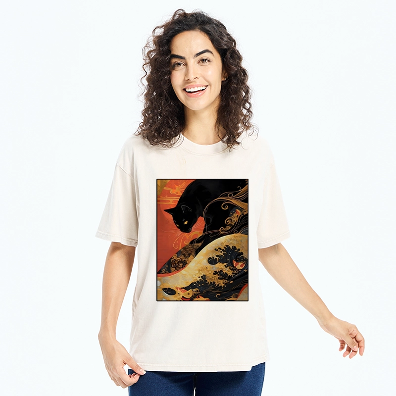 Tokyo-Tiger Japanese Style Black Cat Washed T-Shirt