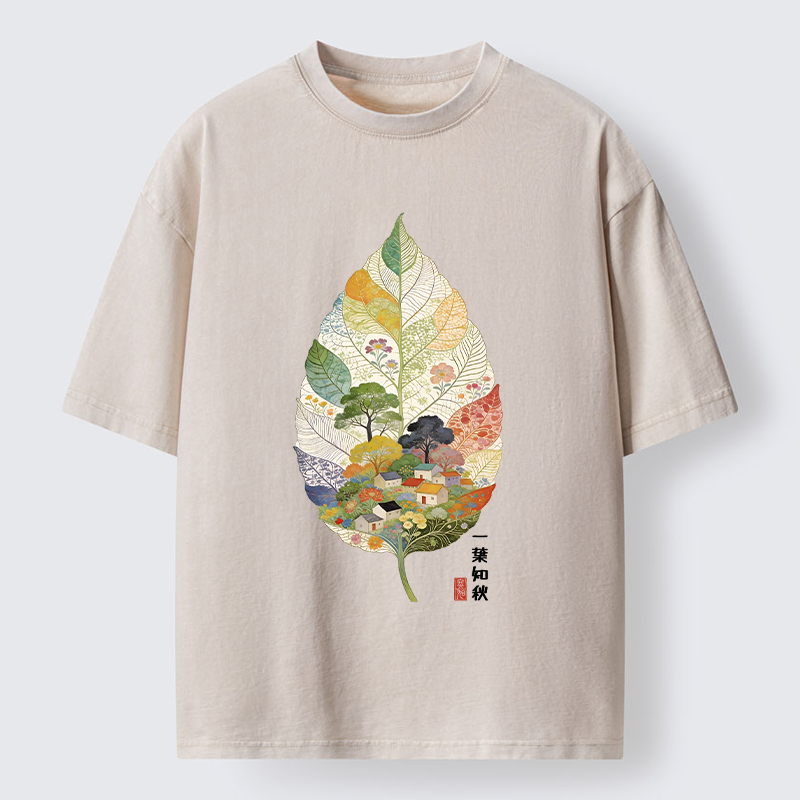 Tokyo-Tiger Autumn Leaf Village Scenery Art Washed T-Shirt