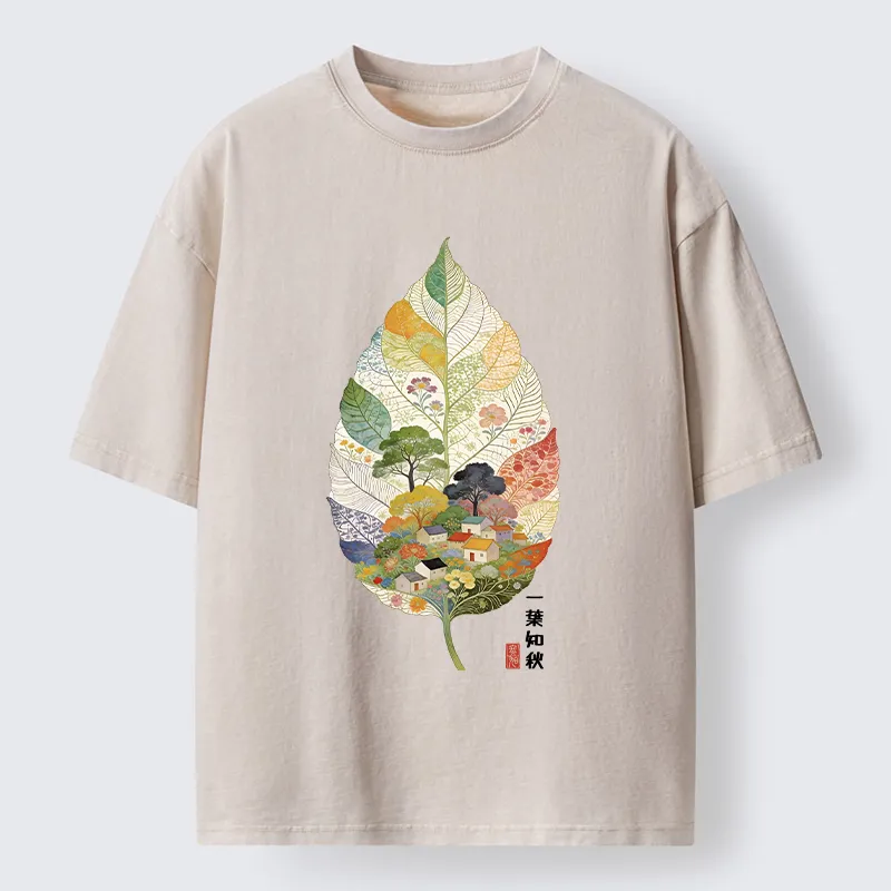 Tokyo-Tiger Autumn Leaf Village Scenery Art Washed T-Shirt