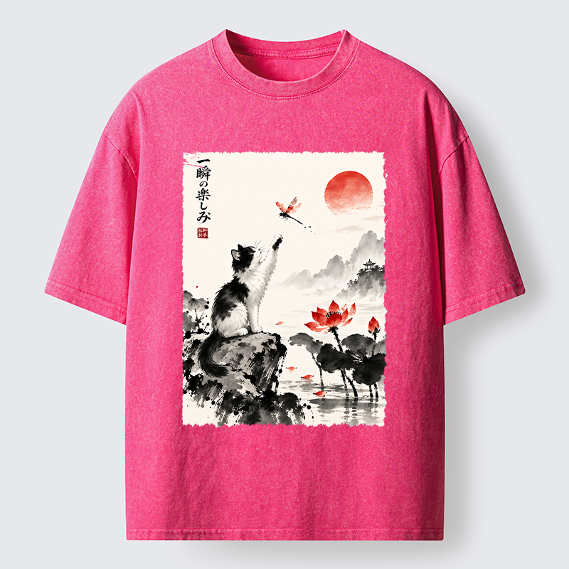 Tokyo-Tiger Cat Chases Dragonfly Washed T-Shirt