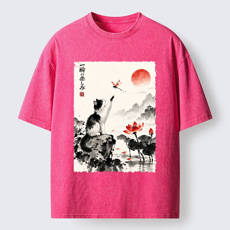 Tokyo-Tiger Cat Chases Dragonfly Washed T-Shirt