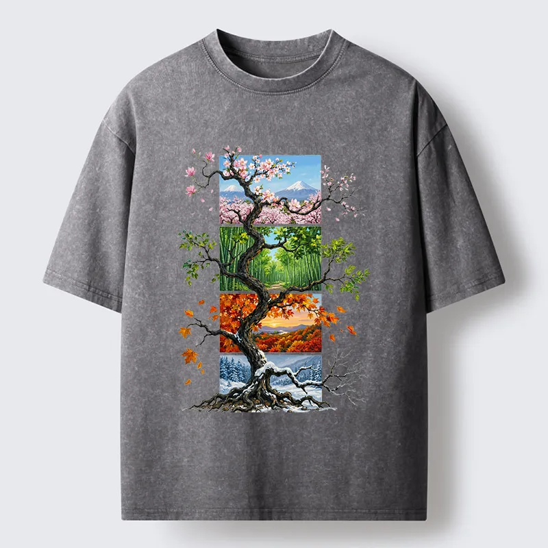 Tokyo-Tiger Nature Four Seasons Tree Art Washed T-Shirt