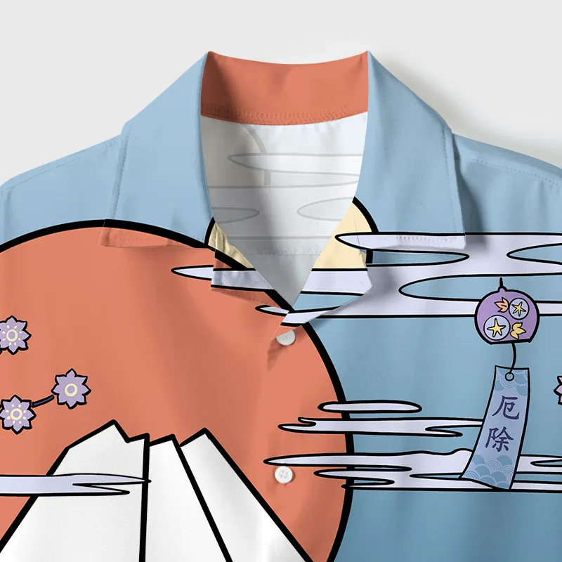 Tokyo-Tiger Mount Fuji Landscape With Cat Cuban Collar Shirt