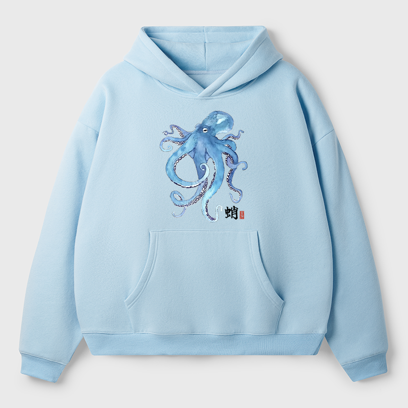 Tokyo-Tiger Watercolor Blue Octopus Adult Fleece Hoodie