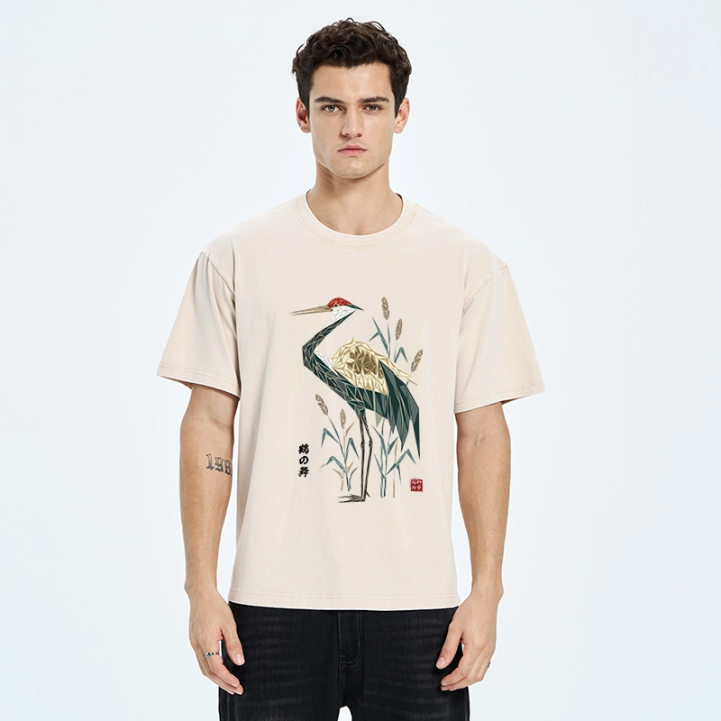 Tokyo-Tiger Geometric Crane Oriental Art Washed T-Shirt