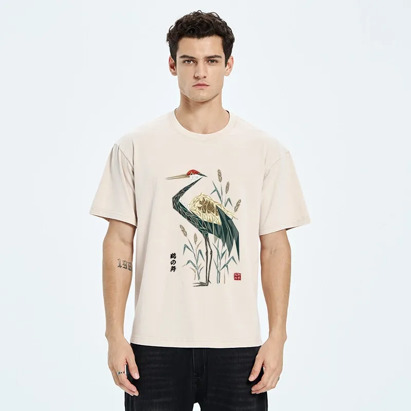 Tokyo-Tiger Geometric Crane Oriental Art Washed T-Shirt