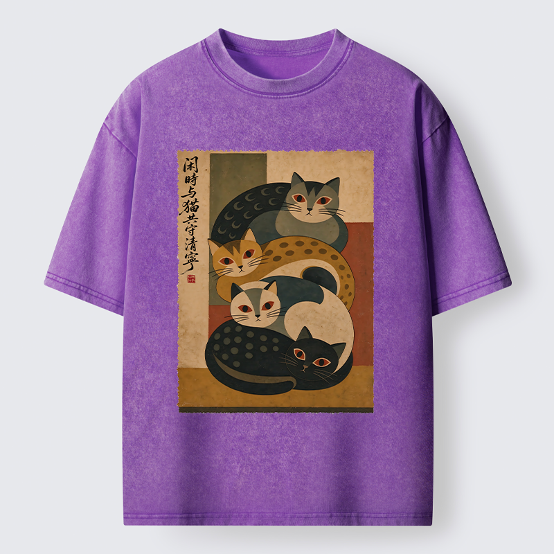 Tokyo-Tiger Retro Stack Cat Art Washed T-Shirt