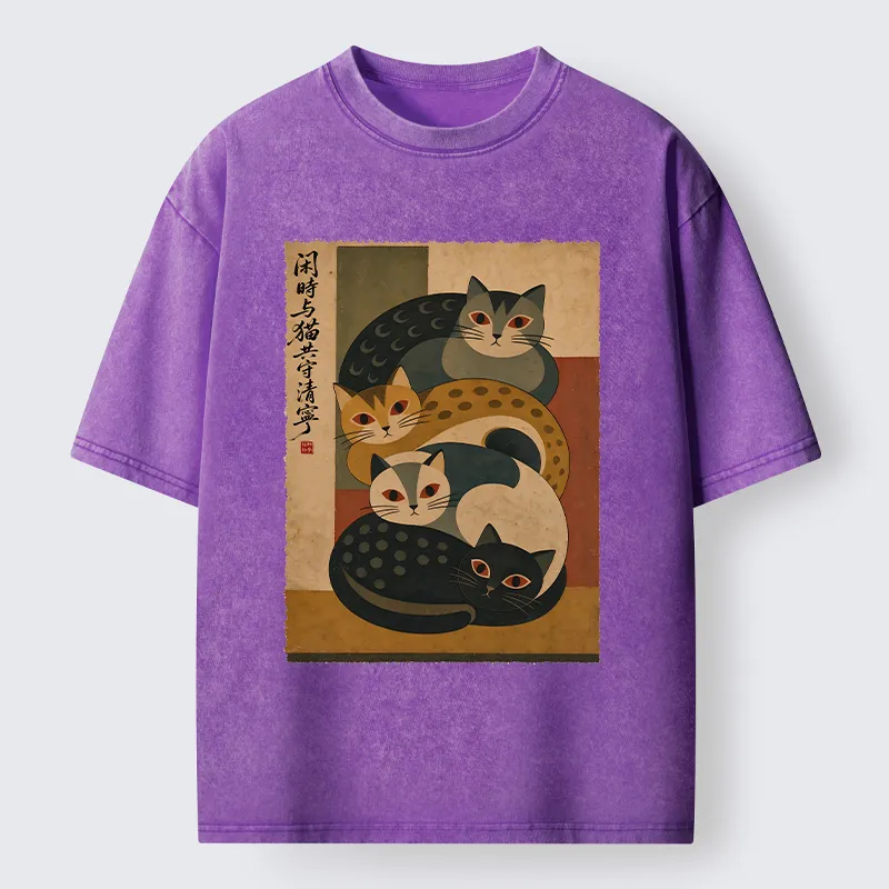 Tokyo-Tiger Retro Stack Cat Art Washed T-Shirt