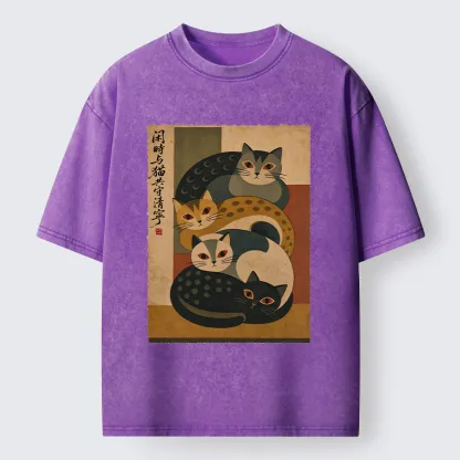 Tokyo-Tiger Retro Stack Cat Art Washed T-Shirt