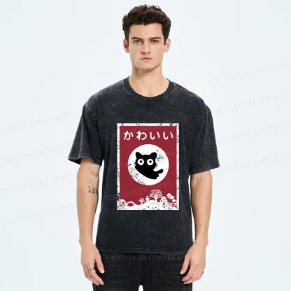 Tokyo-Tiger Cute Black Cat Washed T-Shirt