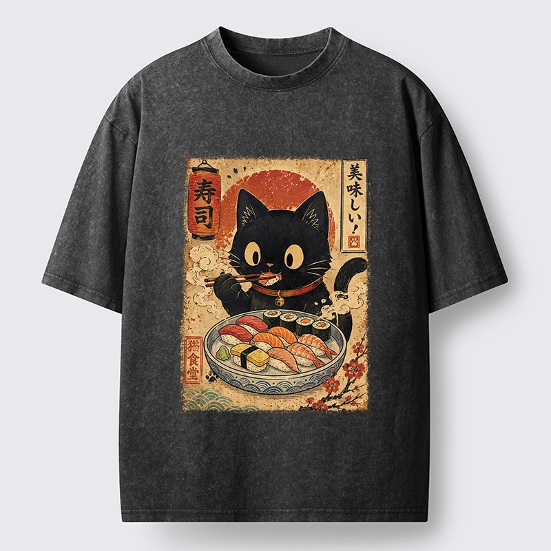 Tokyo‑Tiger Japanese Food Cat Washed T‑Shirt