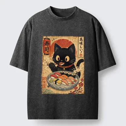 Tokyo‑Tiger Japanese Food Cat Washed T‑Shirt