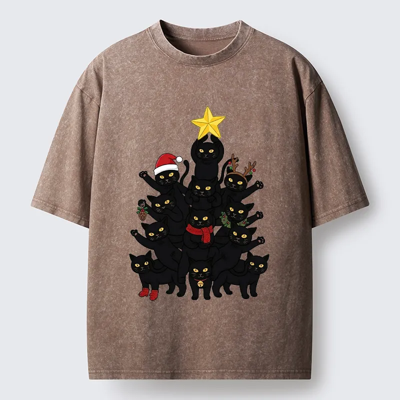 Tokyo-Tiger Stacked Black Cat Christmas Tree Washed T-Shirt