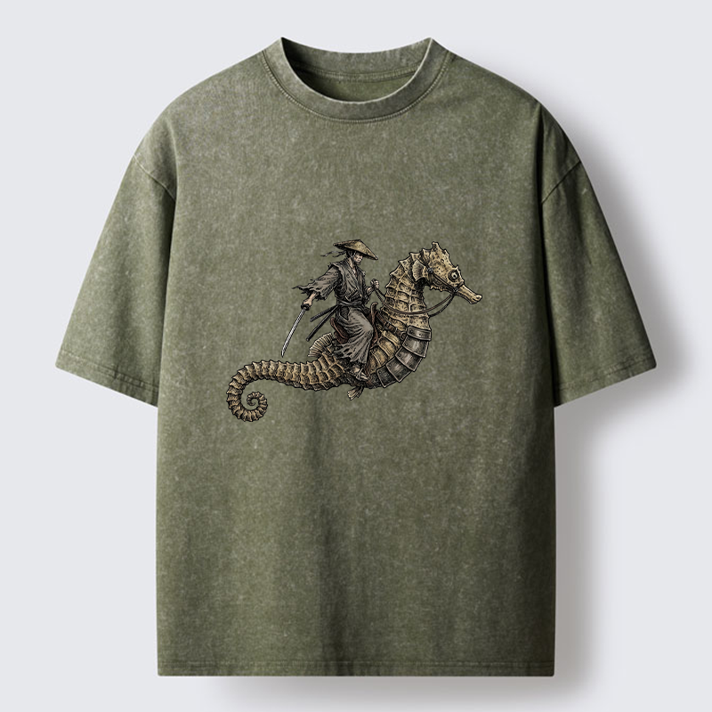 Tokyo-Tiger Samurai Riding Seahorse Washed T-Shirt