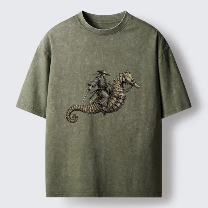 Tokyo-Tiger Samurai Riding Seahorse Washed T-Shirt