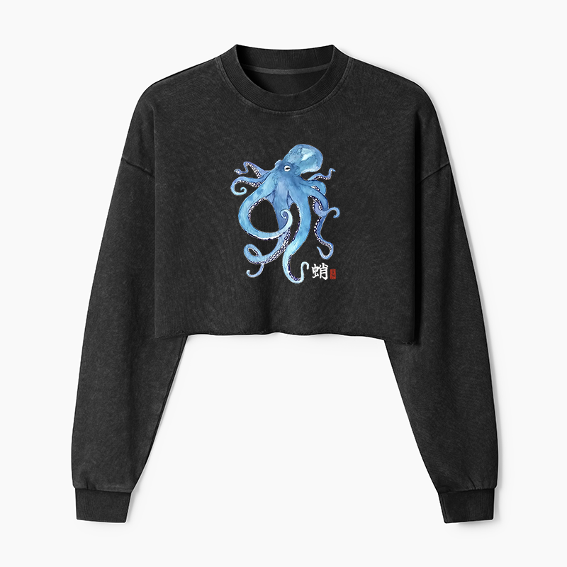 Tokyo-Tiger Watercolor Blue Octopus Washed Crop Sweatshirt