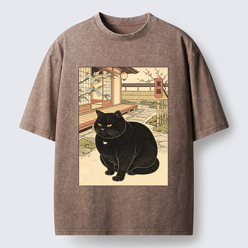 Tokyo‑Tiger Fat Cat In The Yard Washed T‑Shirt
