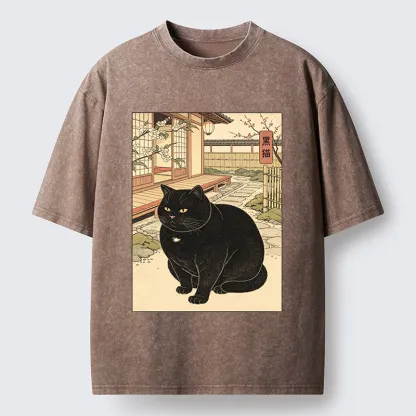 Tokyo‑Tiger Fat Cat In The Yard Washed T‑Shirt