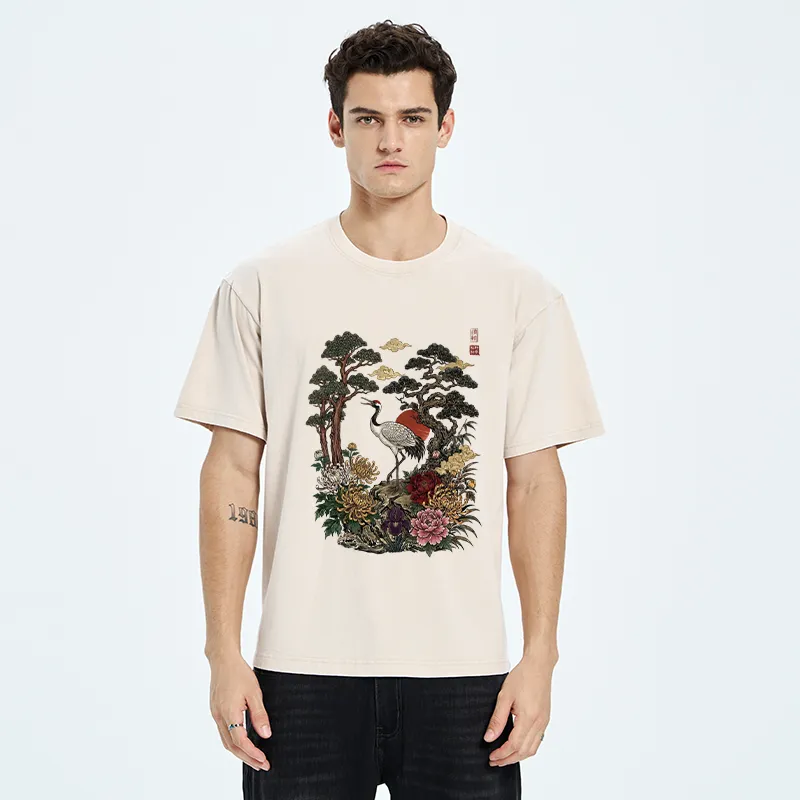 Tokyo-Tiger Vintage Crane Pine Tree Art Washed T-Shirt