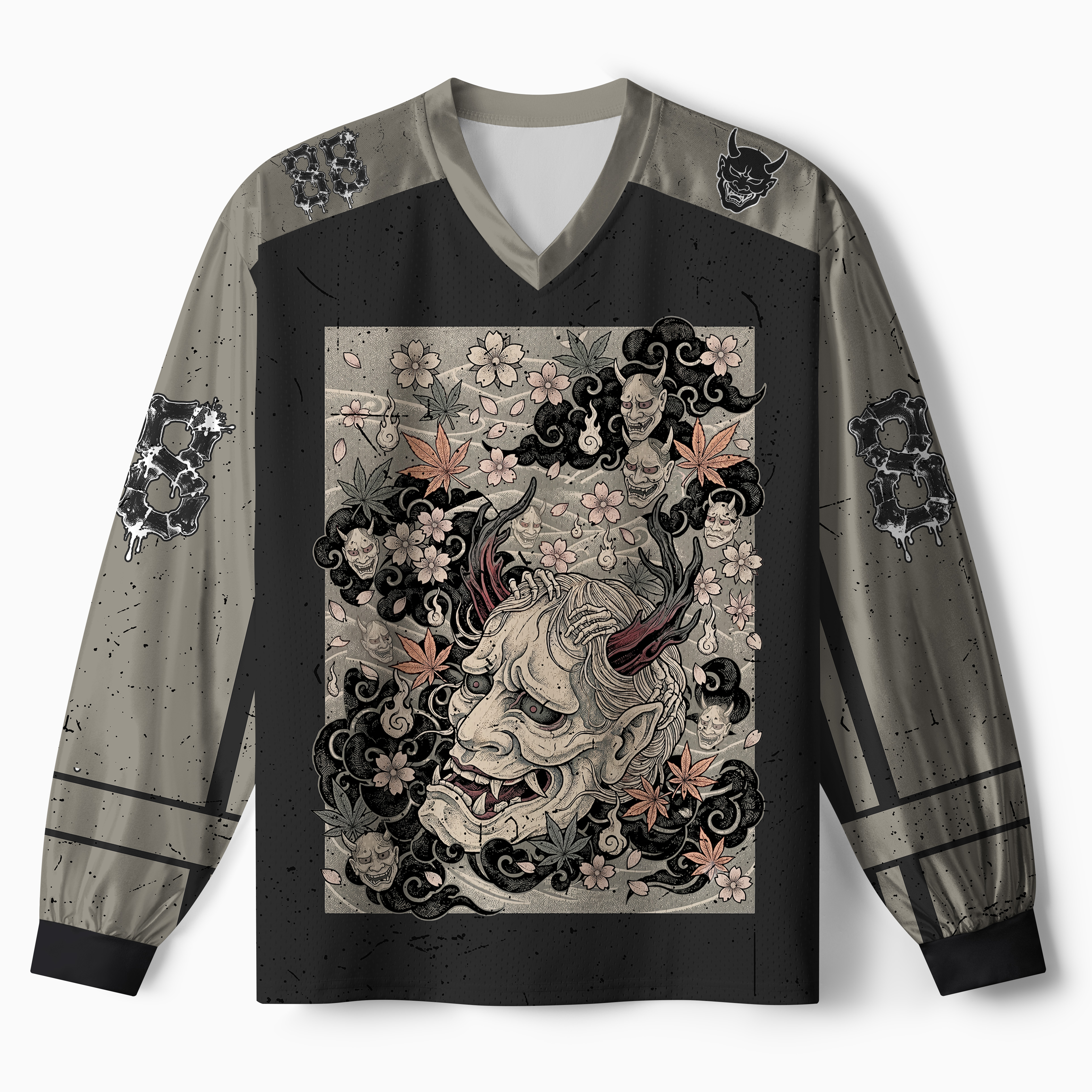 Tokyo-Tiger Oni Cherry Blossom Skull Paneled Long Sleeve Jersey